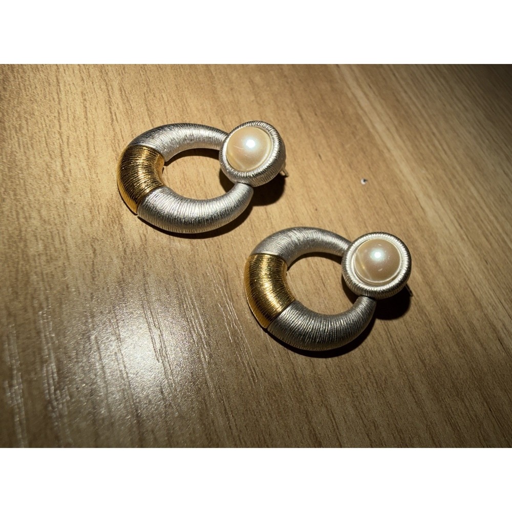 Classic Texture Doorknocker Dangle Earrings Two Tone‎ Pearl Stud Pierced